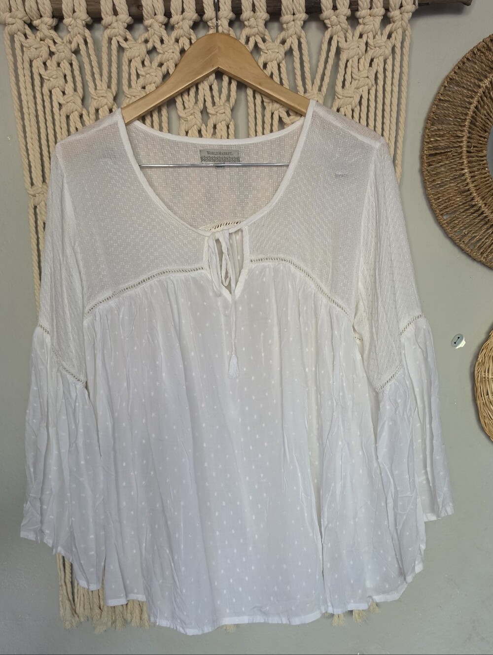 Cost Plus World Market White Sheer Swiss-Dot Tie-Neck Boho Blouse